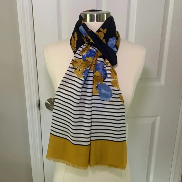 Talbots scarf- navy and white stripes with gold and blue floral accents - Picture 4 of 4